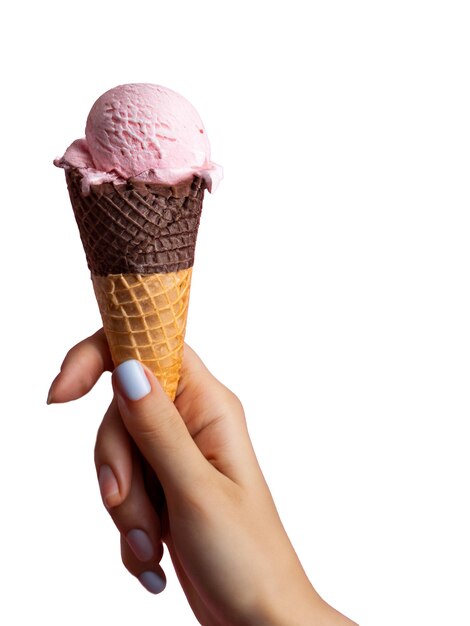 Woman hand holding an ice cream cone on a white background