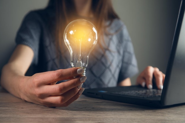 Woman Hand holding Light bulb Global Internet connection