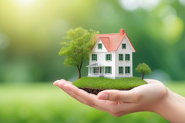 Woman hand holding model house on natural green background