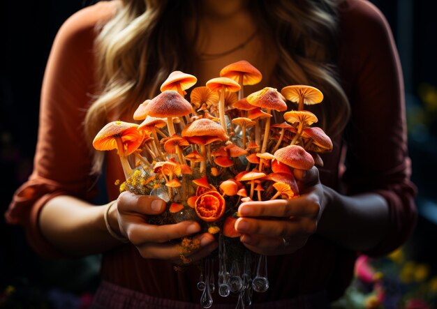 Woman hand holding mushrooms close up A woman holding a bunch of orange mushrooms