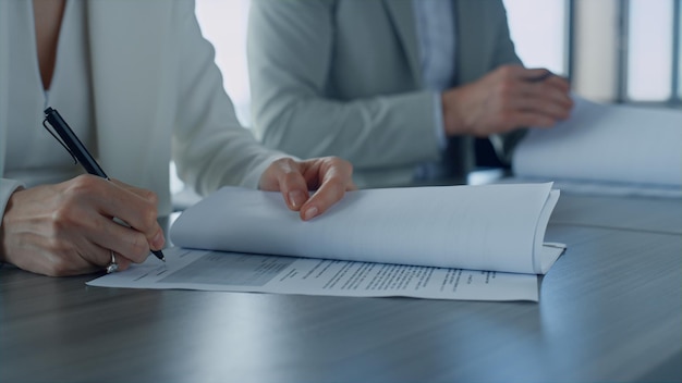 Woman hand holding papers closeup Managers signing corporate deal with investor