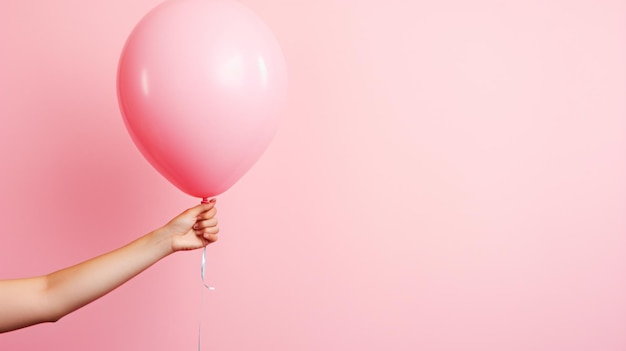 Woman hand holding pink balloon against pastel background