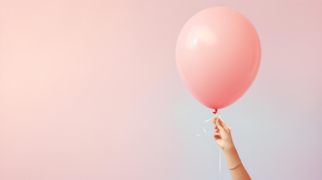 Woman hand holding pink balloon against pastel background