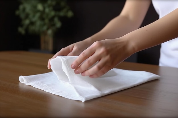 A woman hand holds a white rag over the table