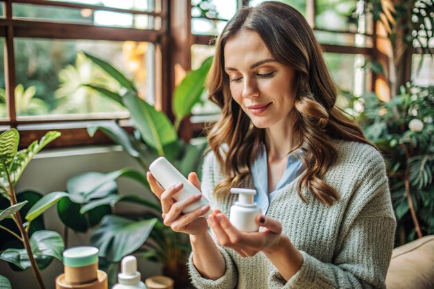 Woman hand holds with skin care products