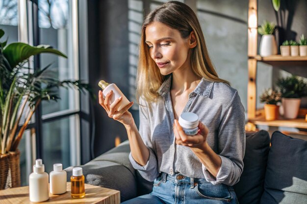 Photo woman hand holds with skin care products