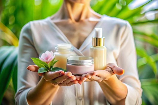 Photo woman hand holds with skin care products