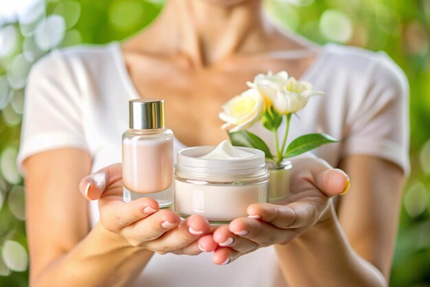 Photo woman hand holds with skin care products