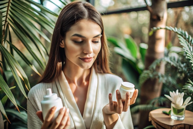 Woman hand holds with skin care products