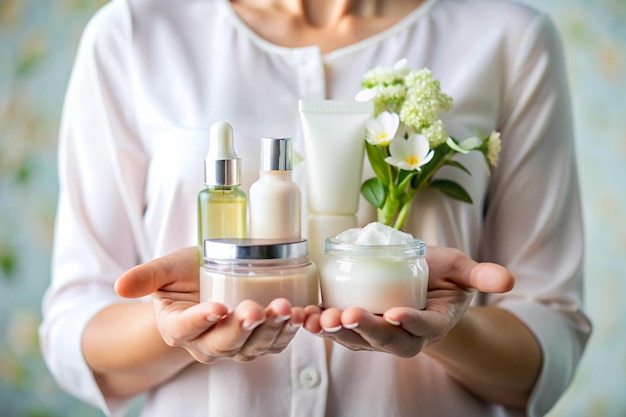 Photo woman hand holds with skin care products