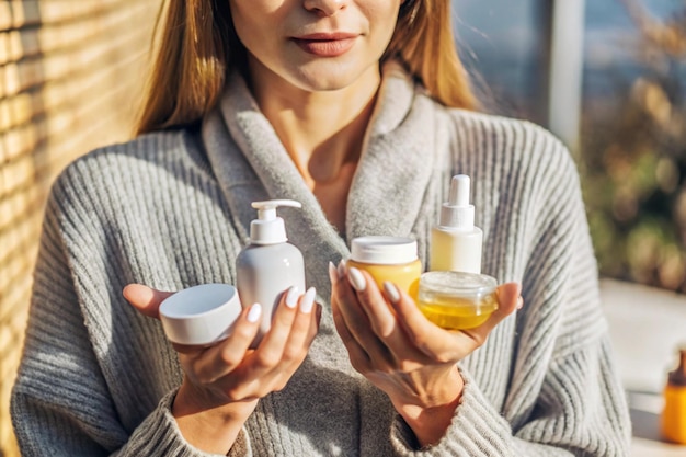 Photo woman hand holds with skin care products