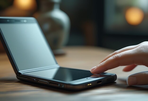 Photo a woman hand is touching a smartphone with a blank screen indicating that the device is turned off