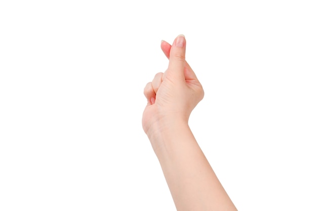 Woman hand isolated on white. Heart symbol.