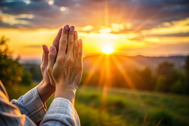 Photo woman hand praying for blessing from god on sunset background