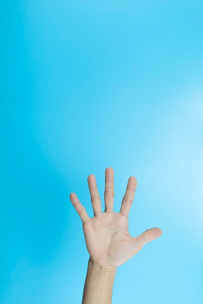 Woman hand show 5 finger over blue surface with copyspace