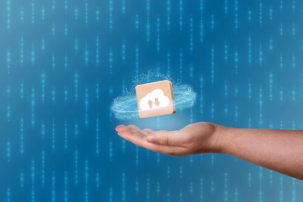 Woman hand showing icon cloud computing with blue background and copy space Cloud technology