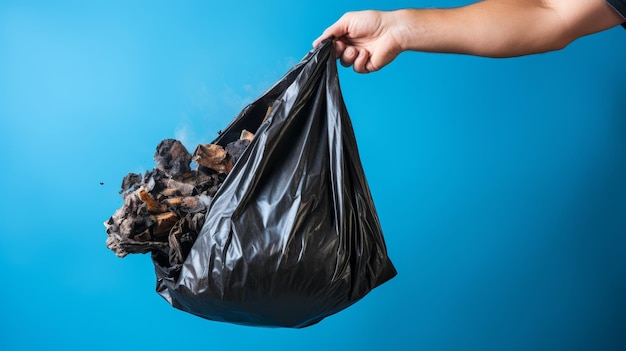 Woman hand throwing away black plastic bag on blue background with copy space for eco message