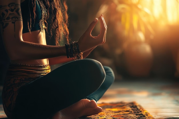 Photo woman hand yoga pose practicing meditation and praying indoors