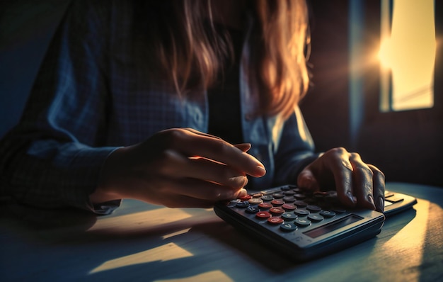 A woman hands and calculator on a table