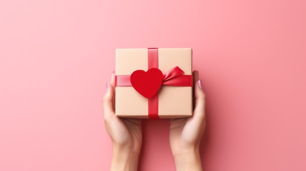 Woman hands give valentine or other holiday handmade present in paper with green ribbon Present box