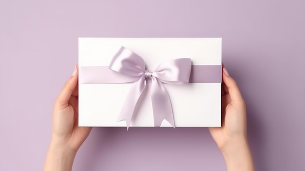 Woman hands handling paper white empty card with simple yet elegant ribbon tied in a bow on top flat background with copy space Generative AI