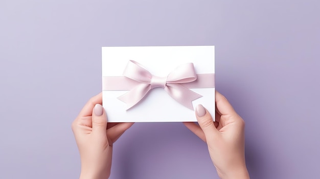 Woman hands handling paper white empty card with simple yet elegant ribbon tied in a bow on top flat background with copy space Generative AI