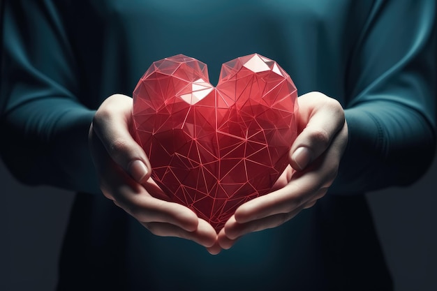 Woman hands hold polygonal red heart on blue background world health and national organ donor day