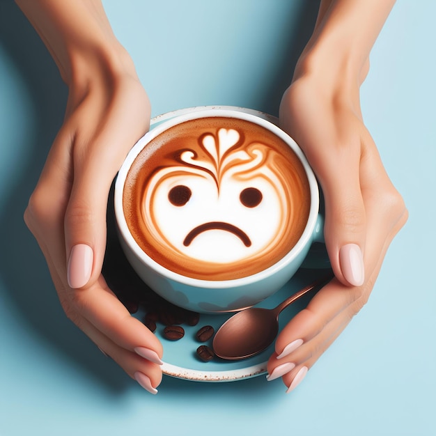 Woman hands holding coffee cup with sad face drawn on coffee on pastel blue background