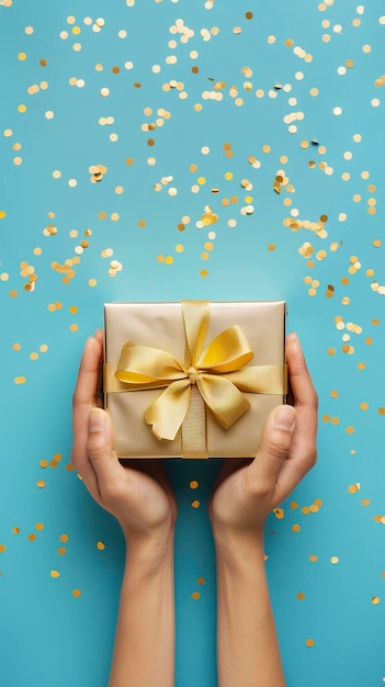 Woman hands holding elegant present gift box with golden ribbon over blue background with confetti