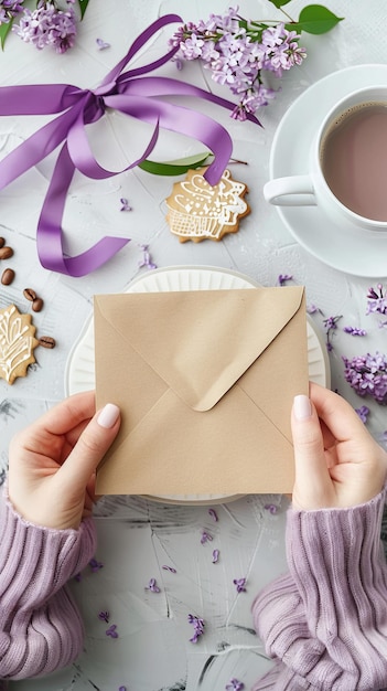 Photo woman hands holding kraft envelope christmas balls stars and ribbon on copper or champagne pink