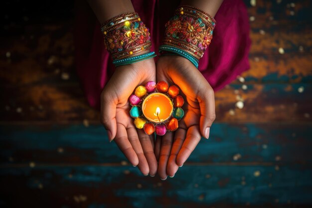 Photo woman hands holding lit diya lamp for diwali festival celebration