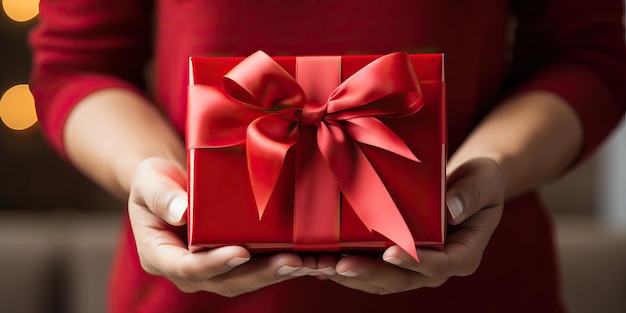 Woman hands holding a luxury red gift box with bow against a festive background Xmas and New Year