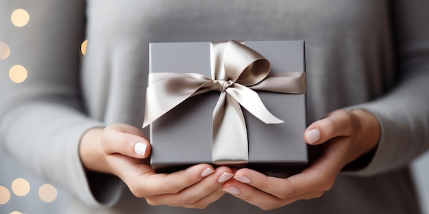 Woman hands holding a luxury silver gray black gift box with bow against a festive background Xmas