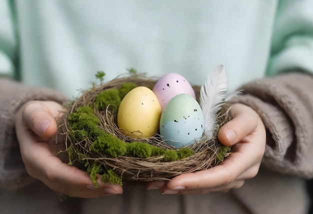 woman hands holding painted easter eggs in a small bird nest