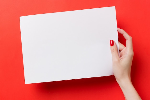 Woman hands holding a white a blank A4 paper on a red background