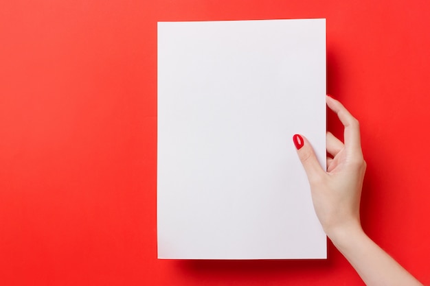 Woman hands holding a white a blank A4 paper on a red background