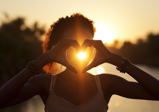 a woman hands make a heart with a heart shape in the sun in the style of romantic riverscapes