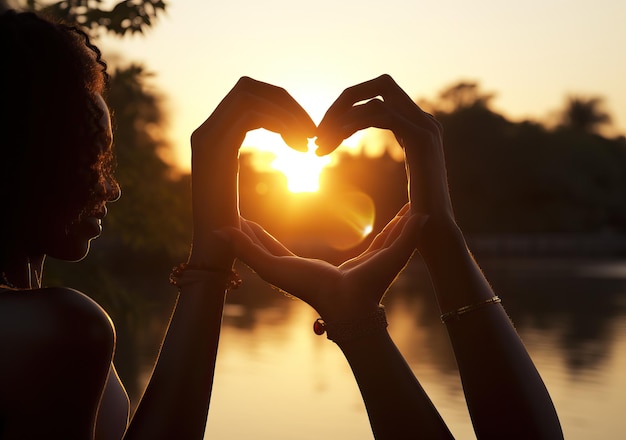 a woman hands make a heart with a heart shape in the sun in the style of romantic riverscapes