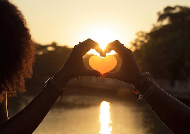 a woman hands make a heart with a heart shape in the sun in the style of romantic riverscapes