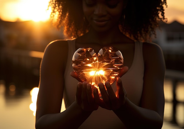 a woman hands make a heart with a heart shape in the sun in the style of romantic riverscapes