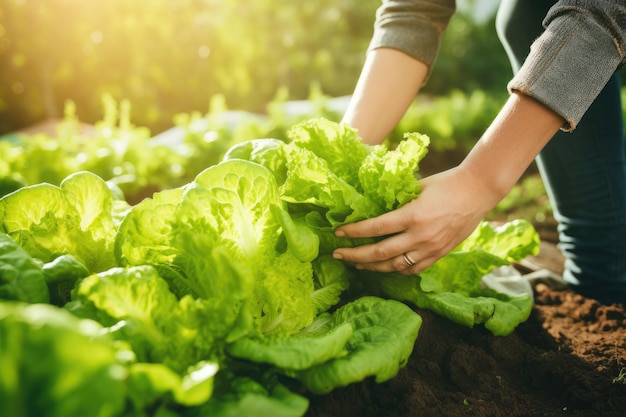 Woman hands picking green lettuce in vegetable garden