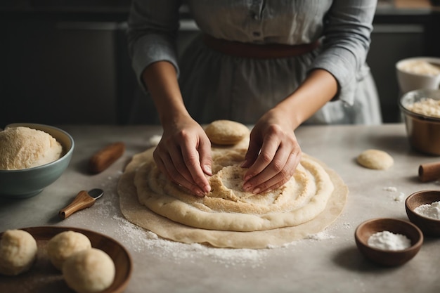 woman hands preparing dough top down view