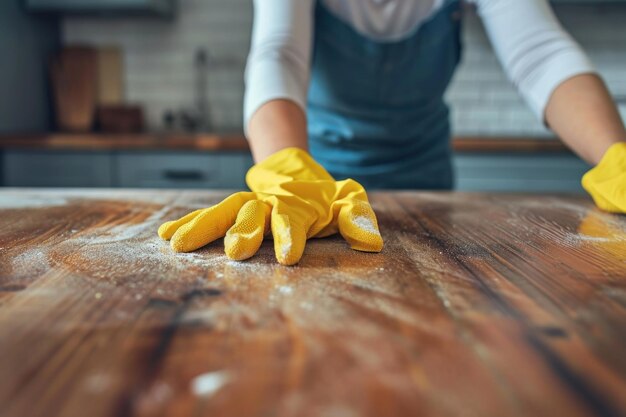 Woman hands in rubber gloves dusting wooden table kitchen room interior Cleaning home