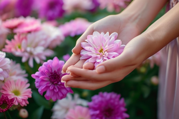 Woman hands among the spring flowers