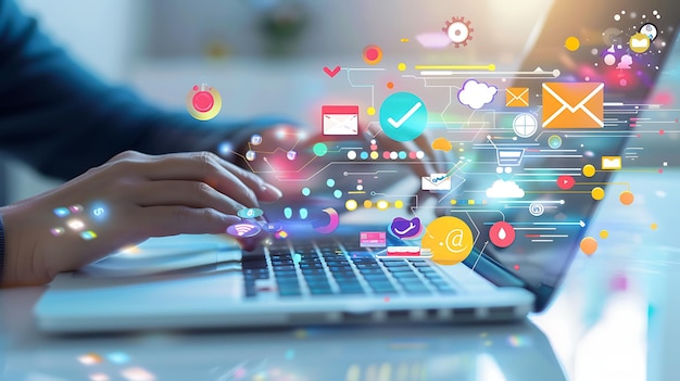 Woman hands using laptop with business icons on wooden table