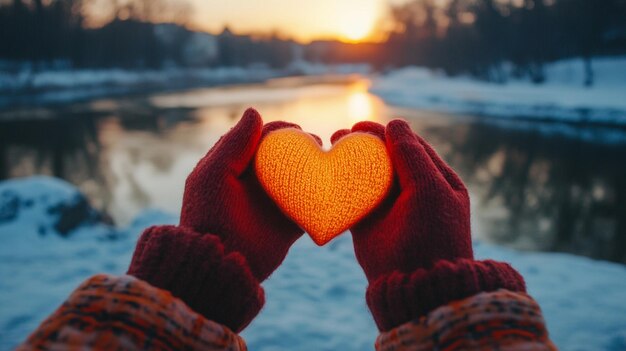 Photo woman hands in winter gloves forming heart symbol