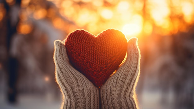 Woman hands in winter gloves holding heart symbol