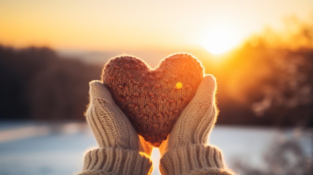 Woman hands in winter gloves holding heart symbol