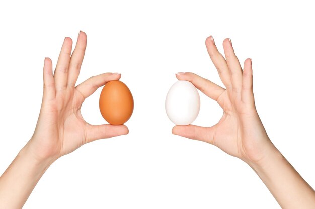 Woman hands with eggs isolated on white background