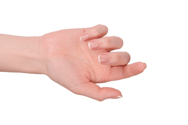 Woman hands with french manicure isolated on white bacckground